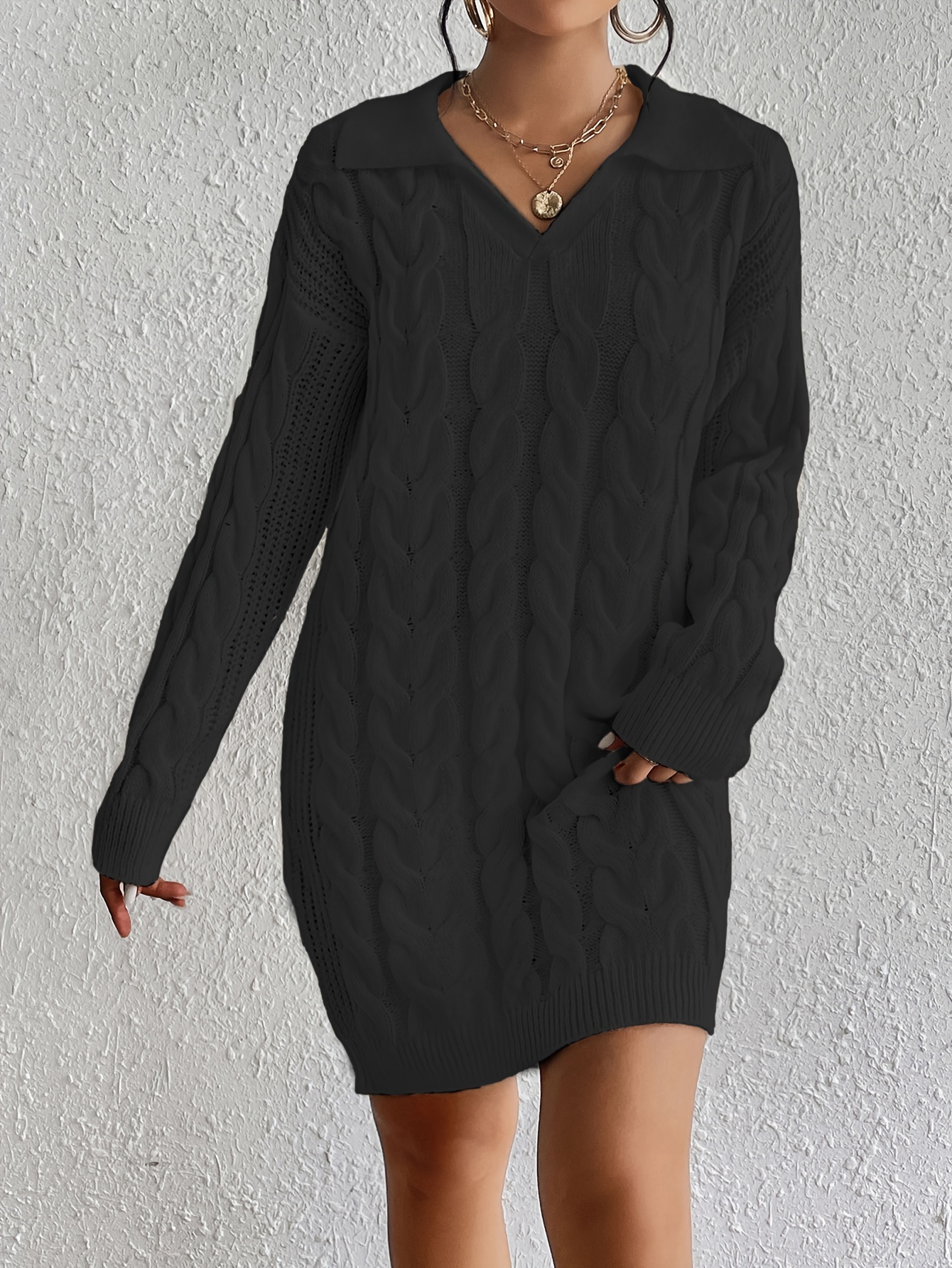 cable knit sweater dress casual solid v neck long sleeve - Temu Belgium