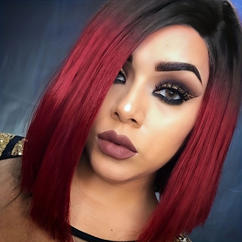 aHairBeauty Red Ombre Short Bob Straight Synthetic None Lace Hair