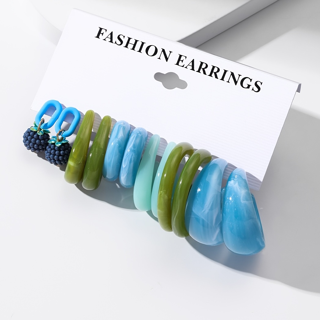 

6 Pairs Set Of Delicate Blue Green Hoop Earrings Resin Jewelry Elegant Vintage Style Suitable For Women Party Vocation Earrings