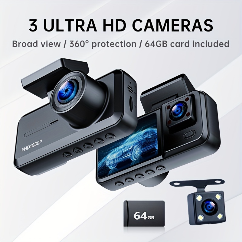 1080p Hd 3 Camera Dash Triple Recording Car Dvr With Front - Temu