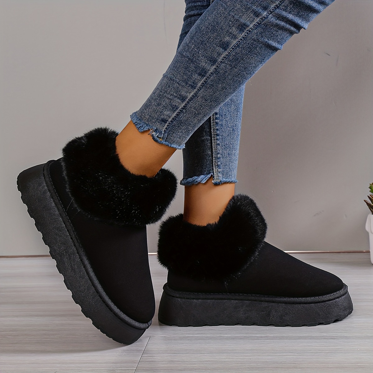 womens fluffy platform snow boots solid color round toe slip on ankle boots winter warm outdoor short boots 36 black 11