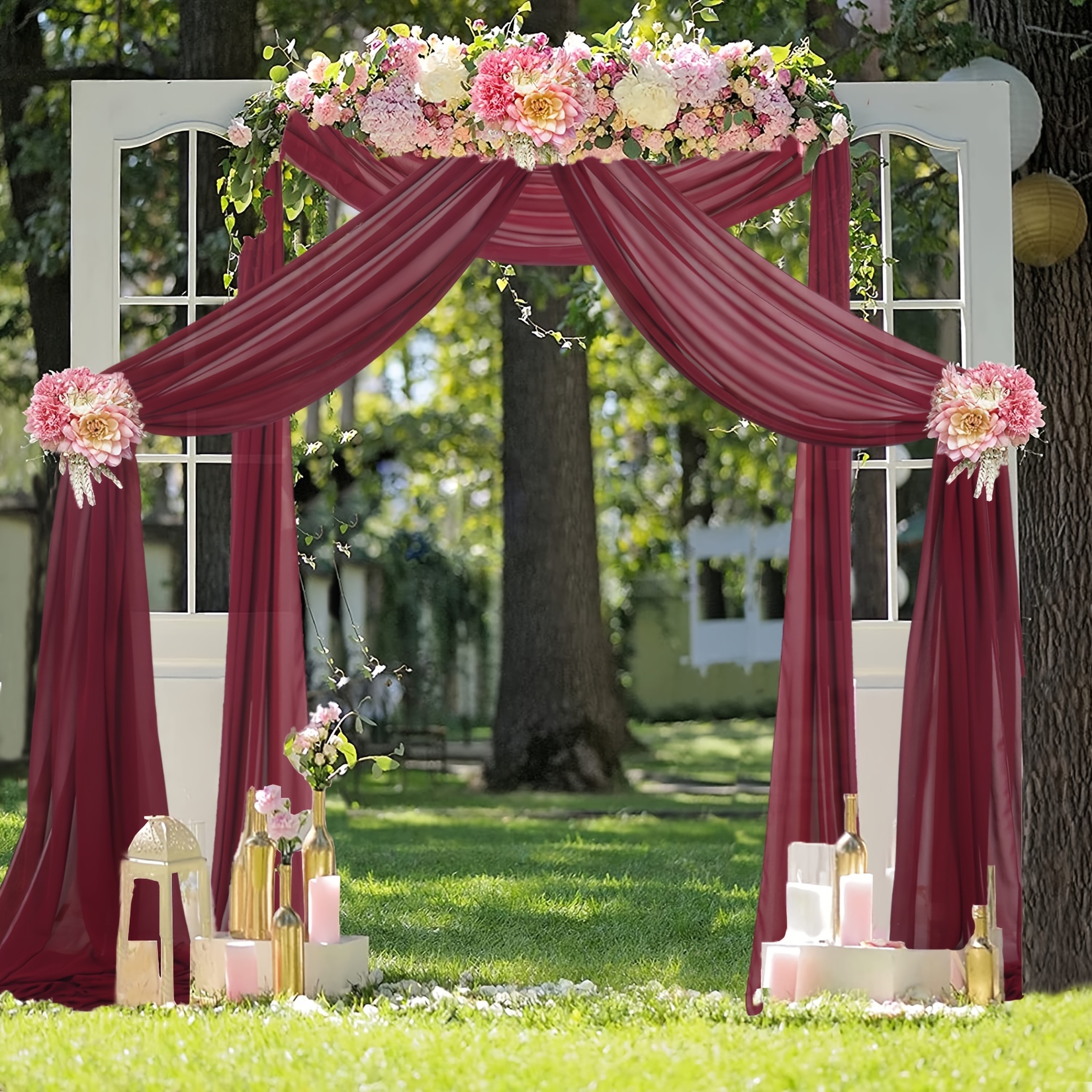 Wedding Arch Draping Fabric 2 Panels 18ft Burgundy Sheer Backdrop Curtain  Chiffon Fabric Drapery Sheer Voile Scarf Draping Panels For Wedding Archway