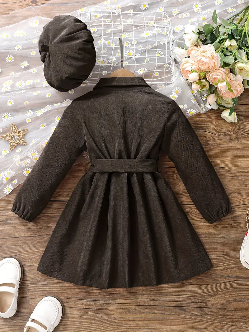 girls casual dress corduroy button front collar neck dresses with belt and hat set trendy kids autumn outfit details 6