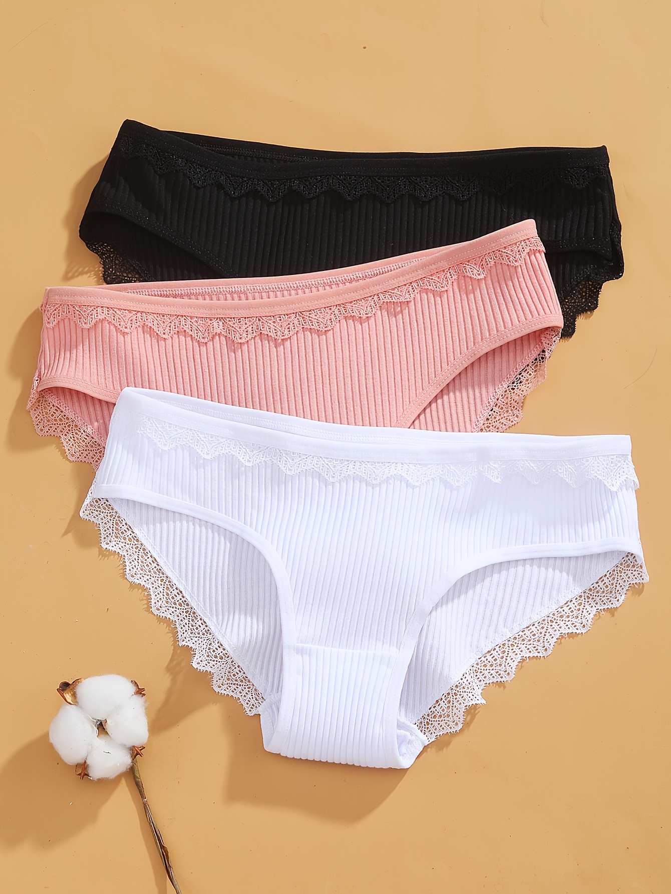 FINETOO 3pcs Solid Rib Knit Panty