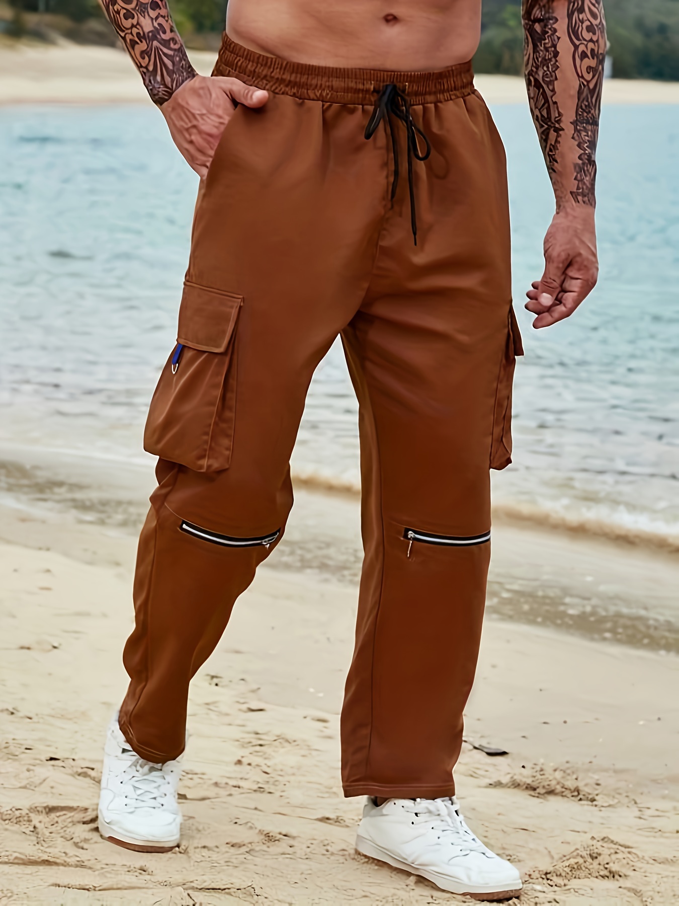Plus Size Men's Solid Cargo Pants Pockets Fall Winter Men's - Temu Australia