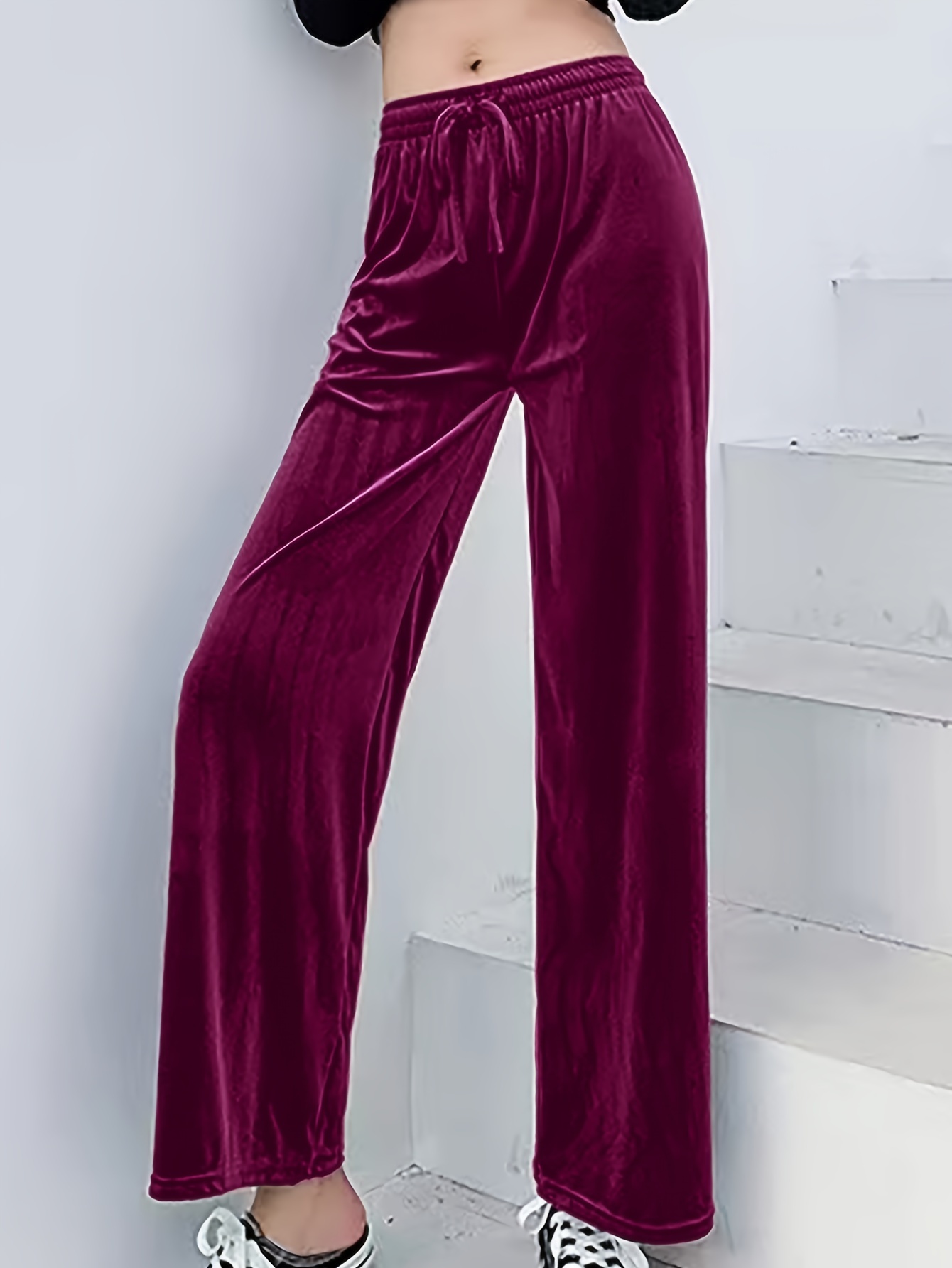 Solid Velvet Wide Leg Pants, Elegant Drawstring Waist Draped Pants, Women's  Clothing
