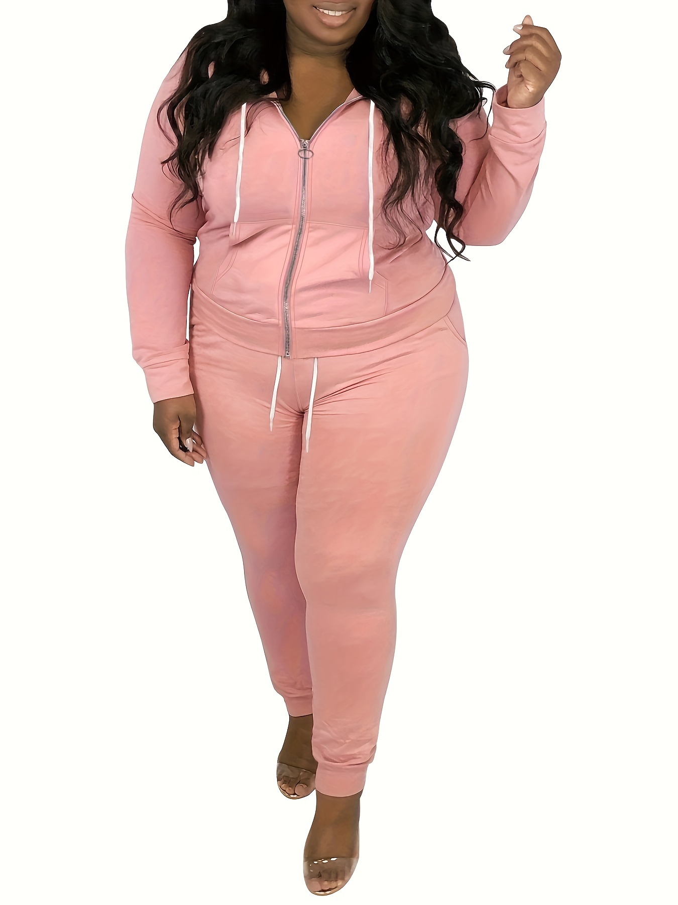 Plus Size Casual Outfits Set, Women's Plus Solid Zip Up Long Sleeve  Drawstring Hoodie & Pants Outfits 2 Piece Set