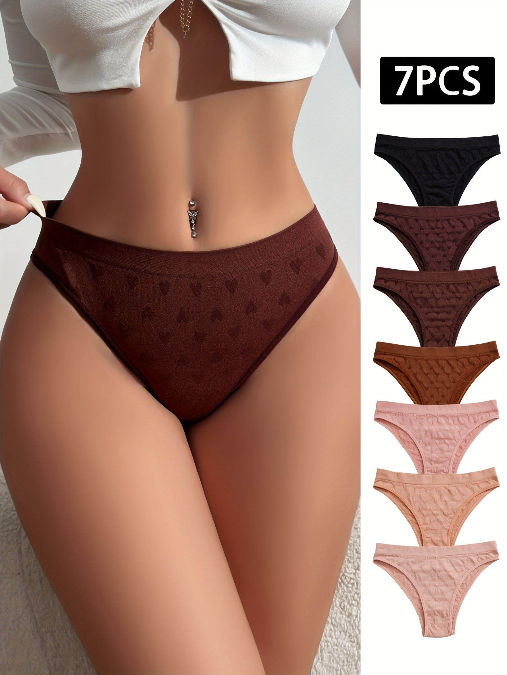 7pcs Solid Heart Jacquard Low Waist Briefs, Soft & Comfy Stretchy Panties,  Women's Lingerie & Underwear