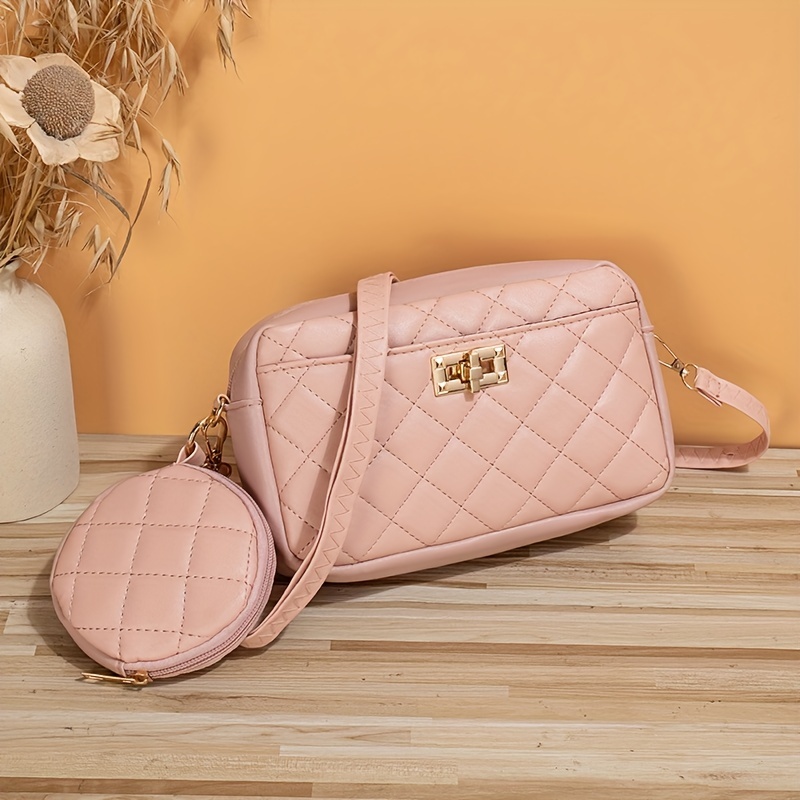 Quilted Shoulder Bag with Coin Purse, Women's Small Crossbody Bag, PU Leather Square Bag,Temu