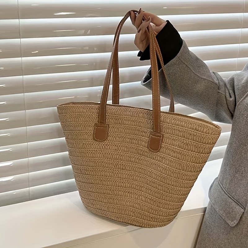 Simple Straw Tote Shoulder Bag, All-match Storage Bag, Solid Color