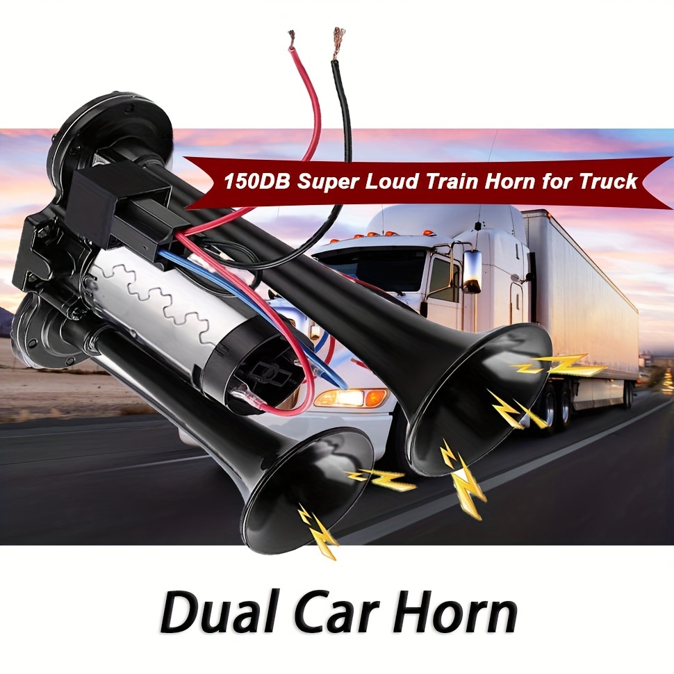 150db Super Loud Dual Trumpet Air Horn Kit with Compressor for Vehicles,  Trucks, Trains, Boats - 12V, Black