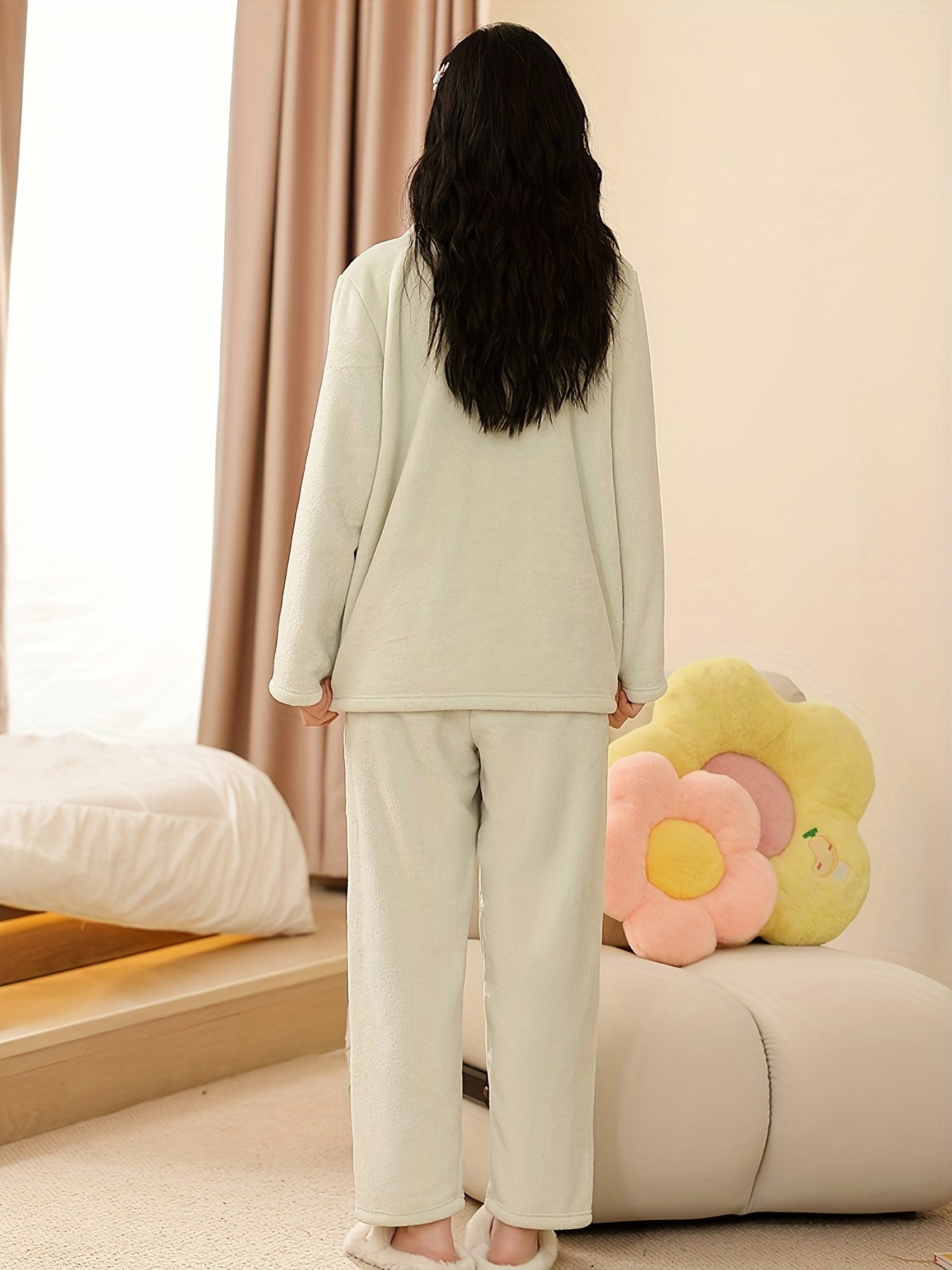 Solid Fuzzy Pajama Set, Long Sleeve Crew Neck Top & Elastic Waistband  Pants, Women's Sleepwear & Loungewear