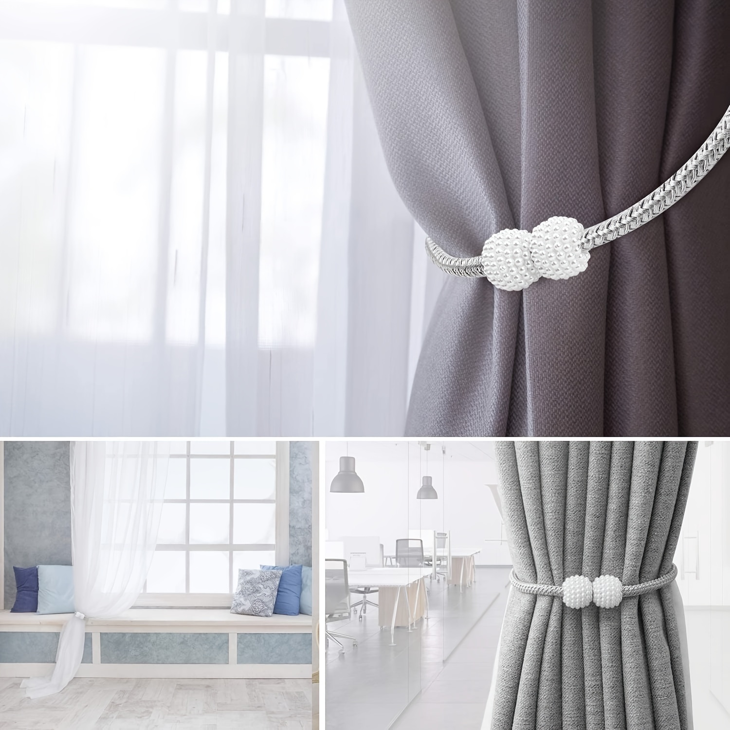 4PCS White Magnetic Curtain Tie Backs Rope Clips Buckle Holder