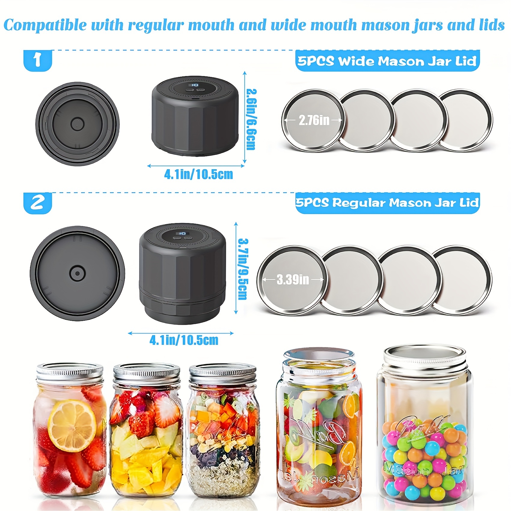 Electric Mason Jar Vacuum Sealer-Mason Jar Vacuum Sealer Kit for Food Storage Compatible Wide & Regular Mouth Mason Lids- Canning Vacuum Sealer