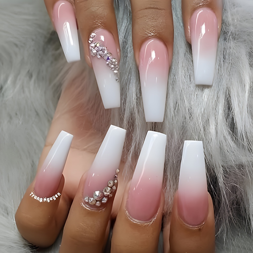 

24 Pcs Glossy Long Coffin Press On Nails Gradient Pinkish And White Gradient French Style False Nails With Rhinestone Reusable Fake Nails For Women