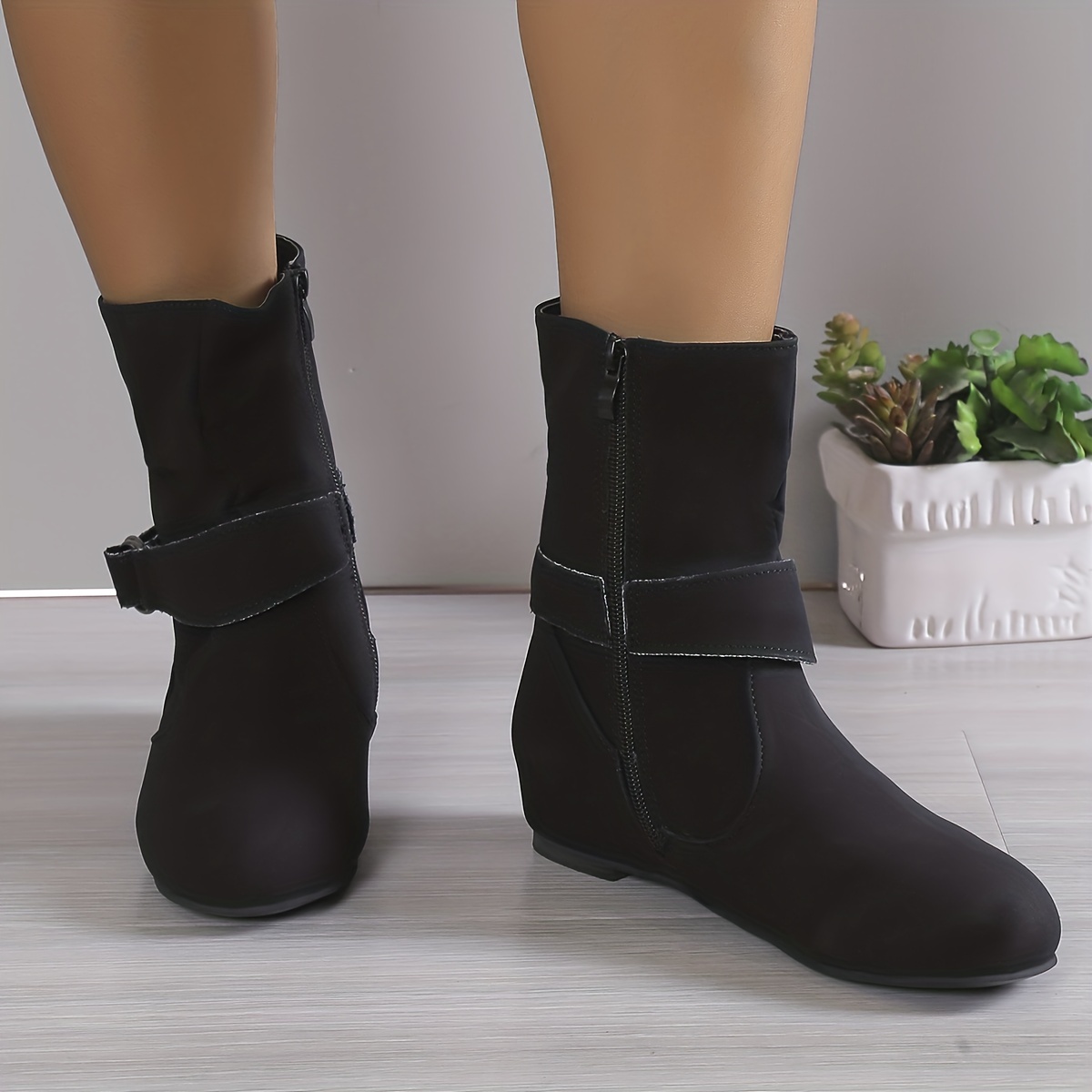 women' color short boots round toe strap side - Temu