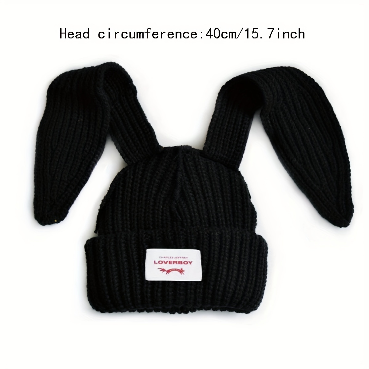 Cute Rabbit Beanie With Ears Label Patch Black Knit Hats Winter