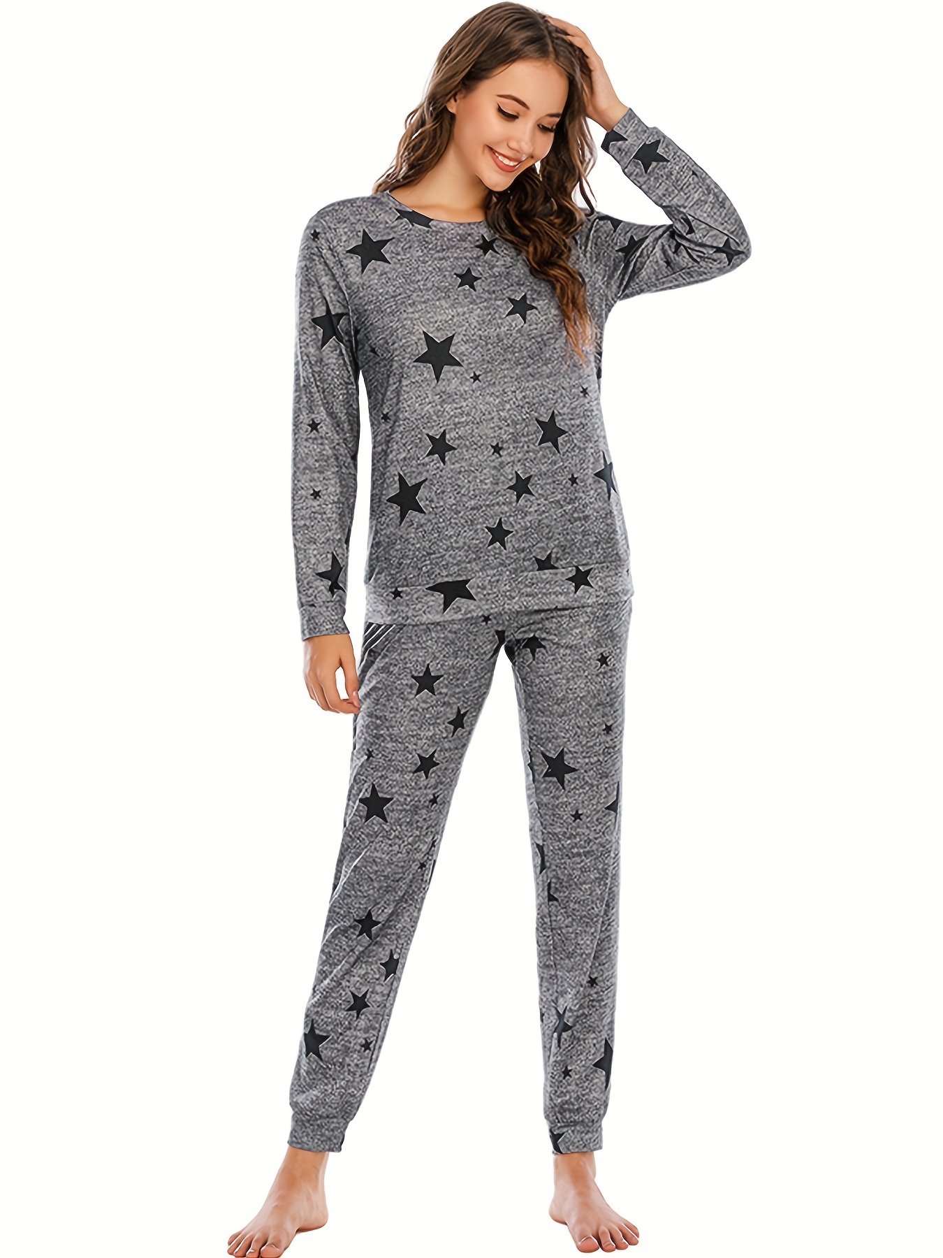 Star Print Pajama Set Long Sleeve Round Neck Top Lounge Temu