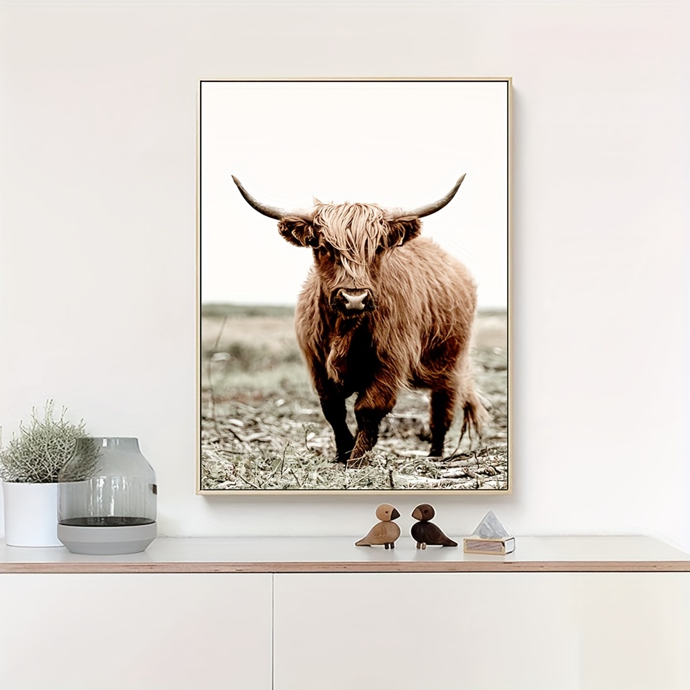 Modern Scotland Highland Cattle Art Painting, Scenery And Cow Print Poster,  Grassland Animal Wall Art Canvas, For Farmhouse Wall Decor, No Frame Temu