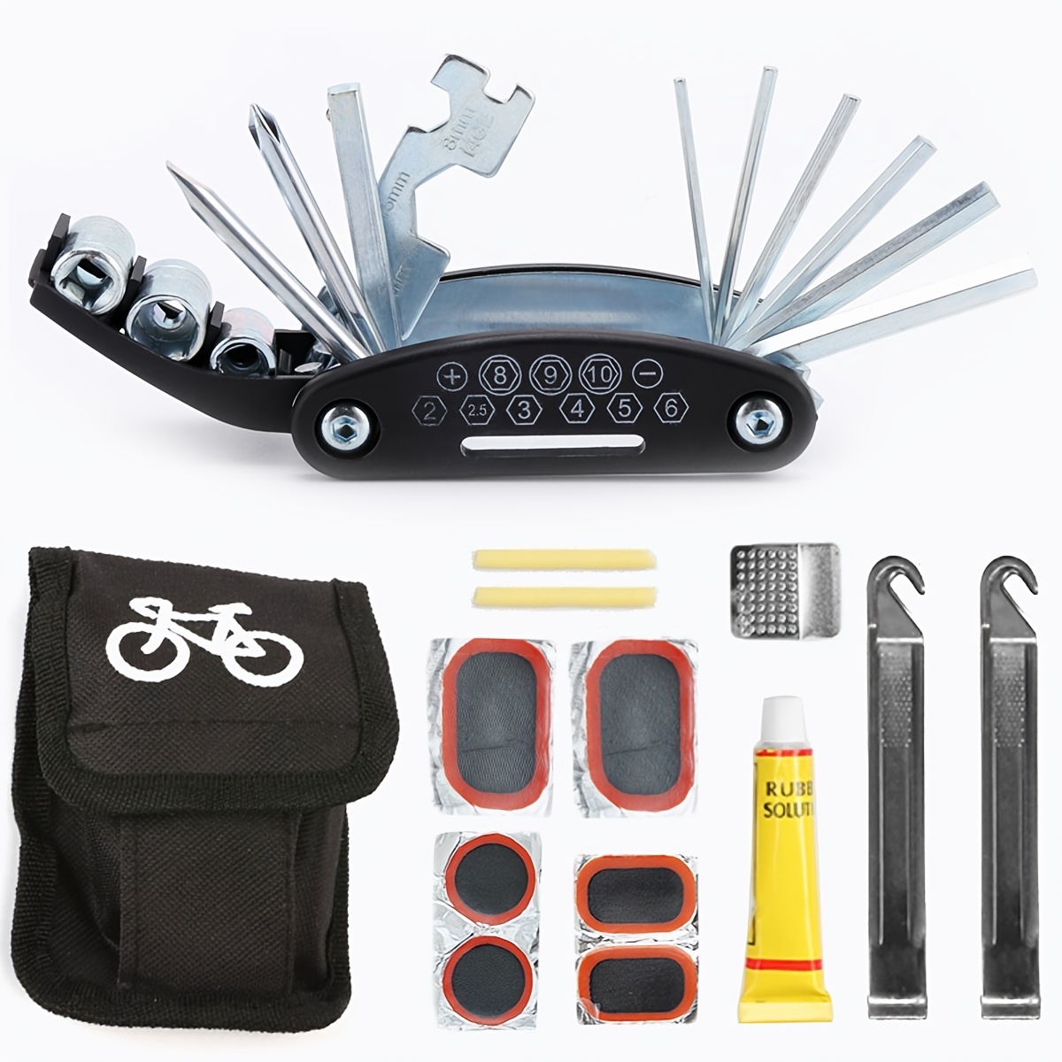 

16-in-1 Bike Repair Tool Kit With Tire Levers, Hex Spoke Wrench, And Multifunctional Accessories - Essential Set For Road And Mountain Bikes