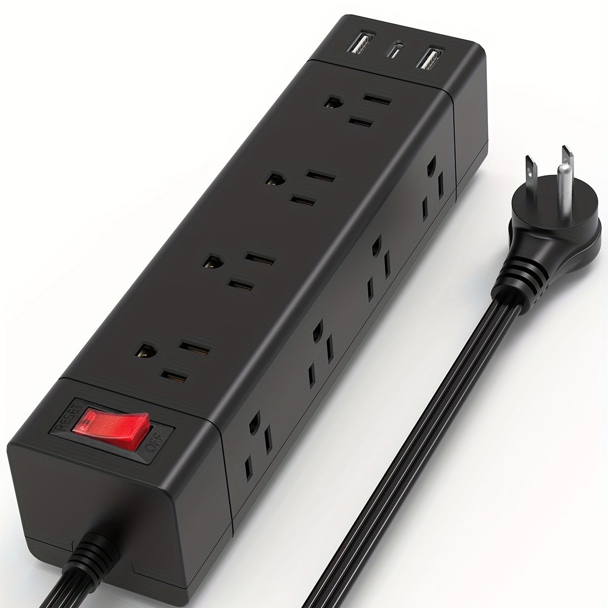 Cable de extensión con múltiples tomas, regleta de alimentación de enchufe  plano con puertos USB (2 USB C), cable de 5 pies de largo, protección