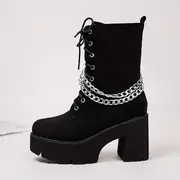 womens chain decor chunky heel boots fashion lace up dress boots stylish side zipper boots details 5