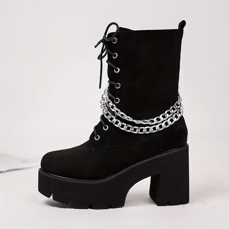 womens chain decor chunky heel boots fashion lace up dress boots stylish side zipper boots details 5