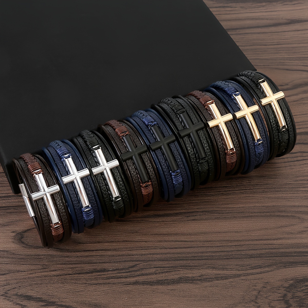 1pc Multi-Layer Hand-Woven PU Leather Rope, Fashion Creative Cross Bracelet, Men's Leather Rope Magnet Buckle Bracelet,Temu
