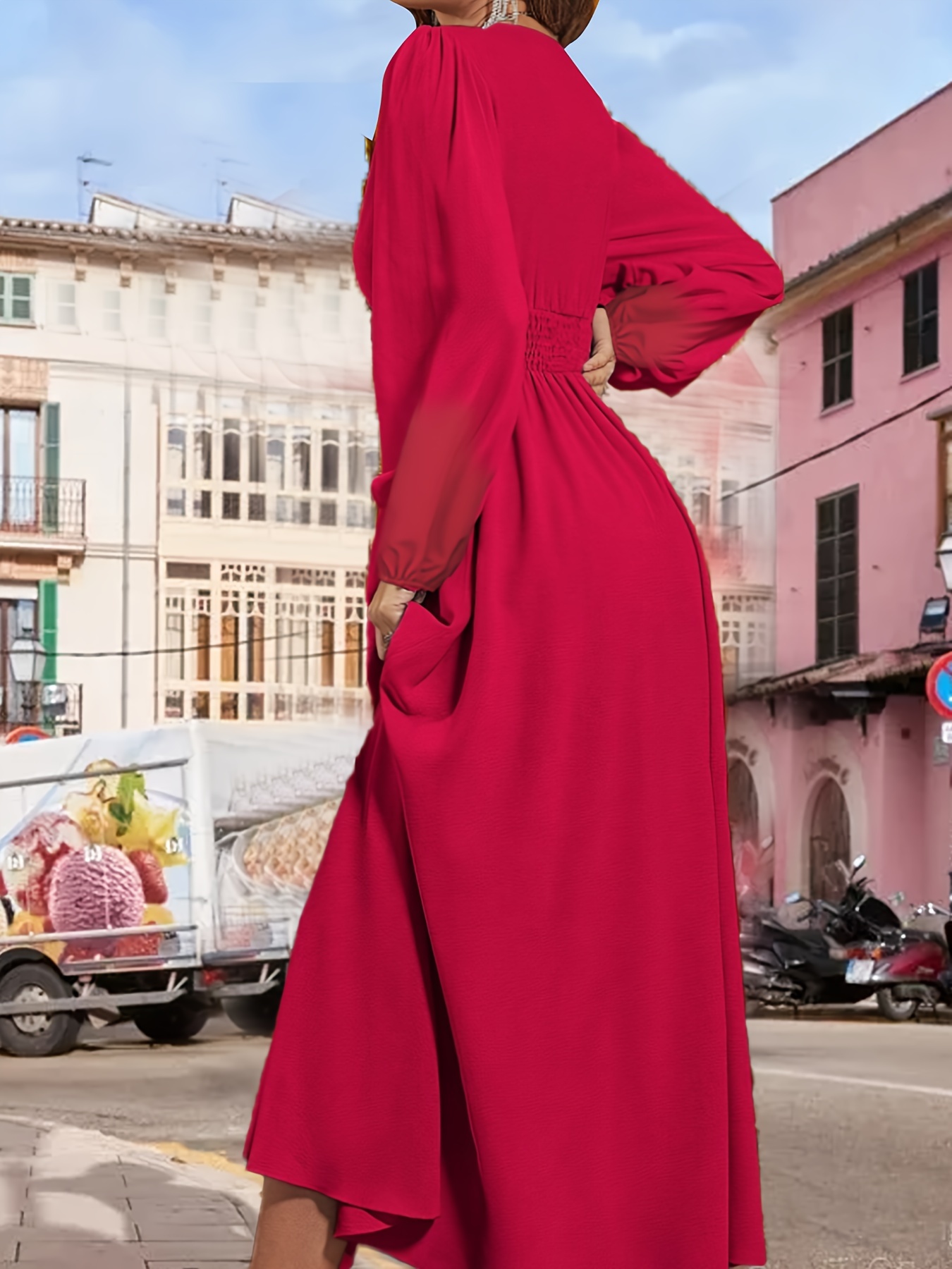 Shirred Waist Surplice Neck Dress, Casual Long Sleeve Solid Midi Dress,  Women's Clothing