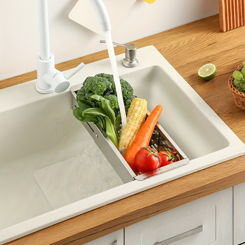 1pc Stainless Steel Retractable Kitchen Sink Drain Storage Rack Bowls  Vegetables Fruits Cleaning Drain Basket