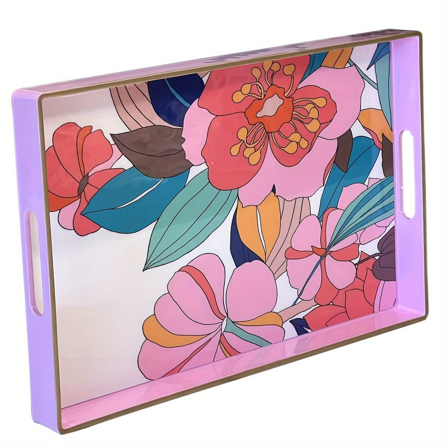 1pc Flower Pattern Decorative Tray, Plastic Storage Tray With Handles,  Rectangular Vanity Tray And Serving Tray For Bathroom And Coffee Table