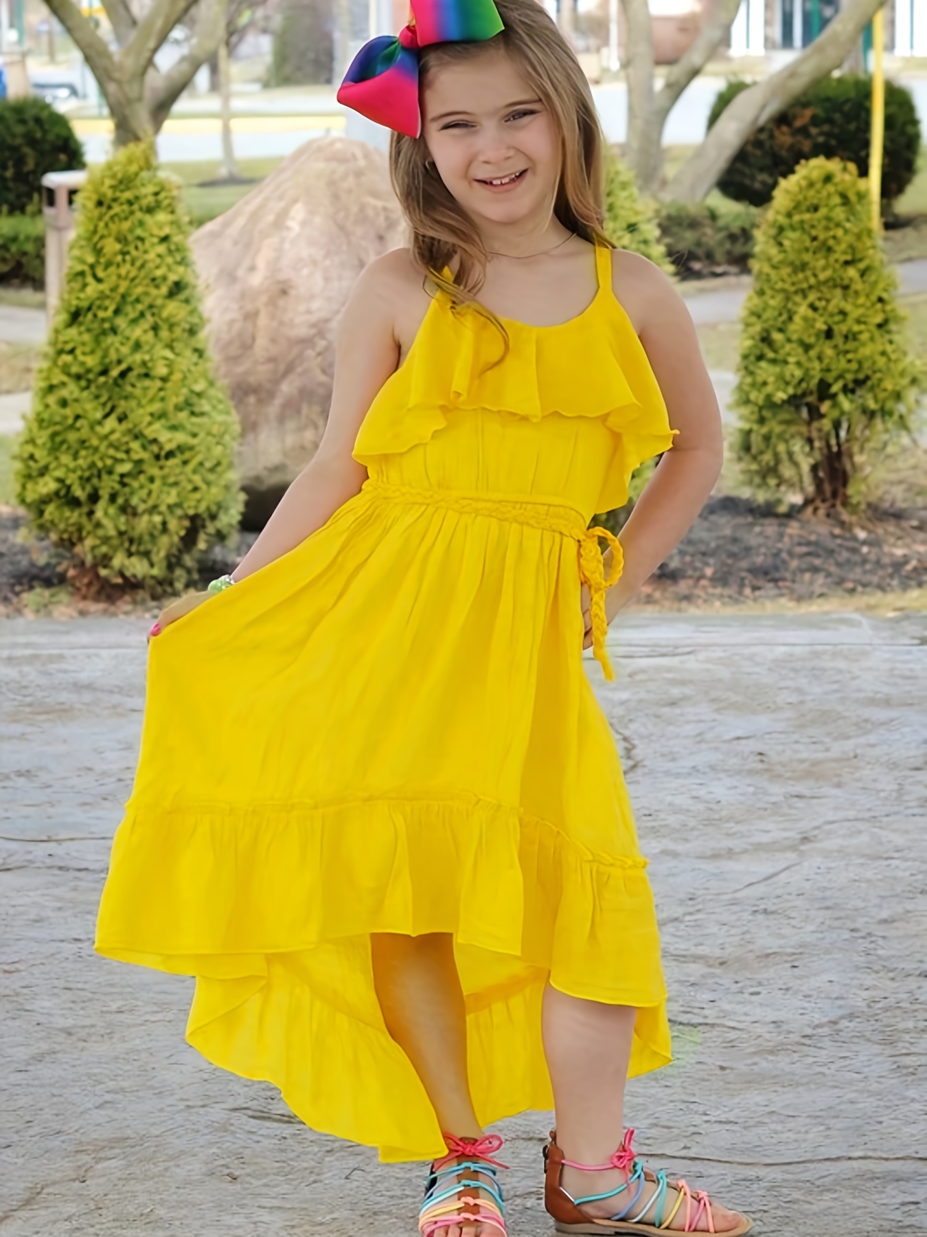 vibrant yellow girls' sleeveless dress ruffle neckline Temu Mexico