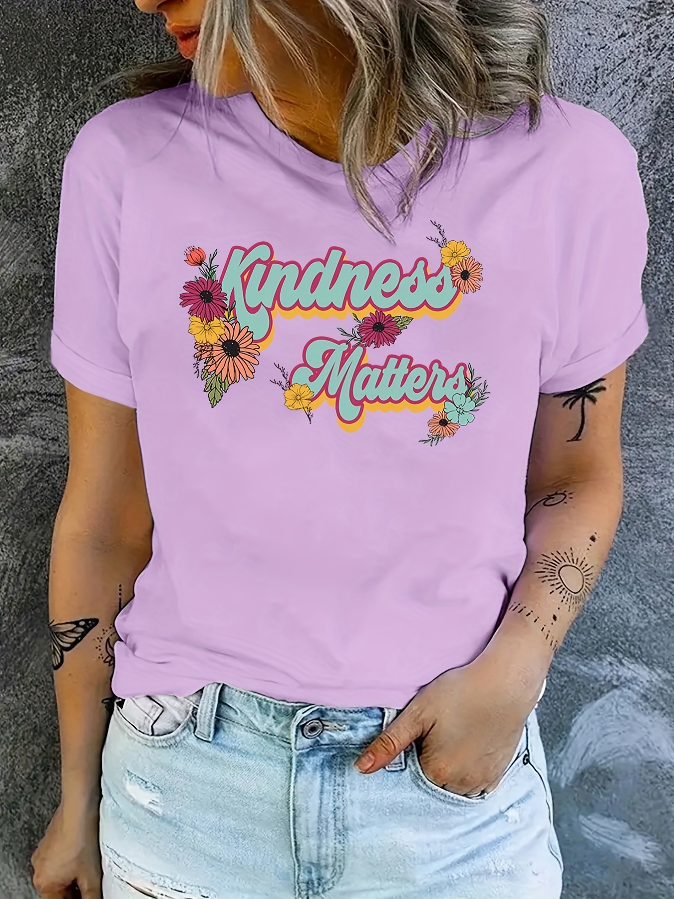 Women's Kindness Short Sleeve Graphic T-Shirt - Green Floral XS