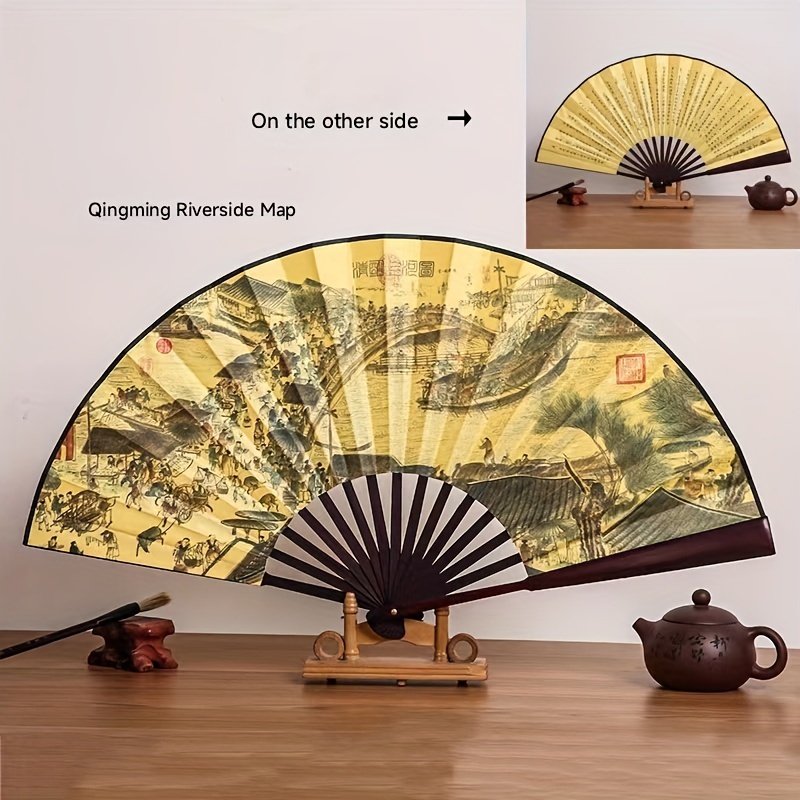 Elegant 10-Inch Bamboo Folding Fan with Dual-Sided Silk Design - Traditional Chinese Style, Perfect for Women's Fashion Accessory, Large Size, Silk Fabric details 2