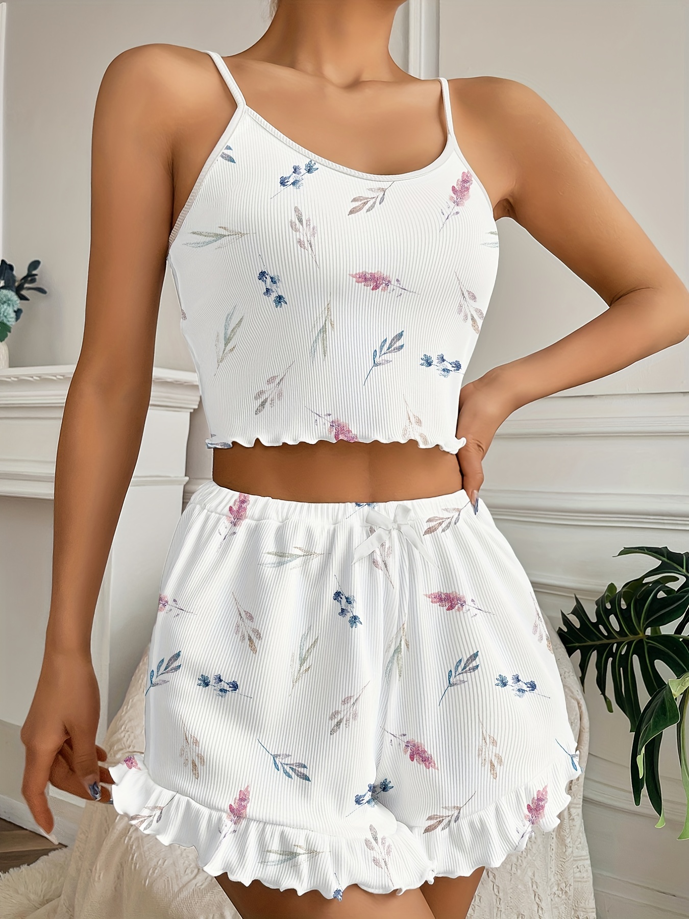 Floral Print Pajama Set, Cute Cami Crop Top & Lettuce Trim Shorts, Women's  Sleepwear & Loungewear