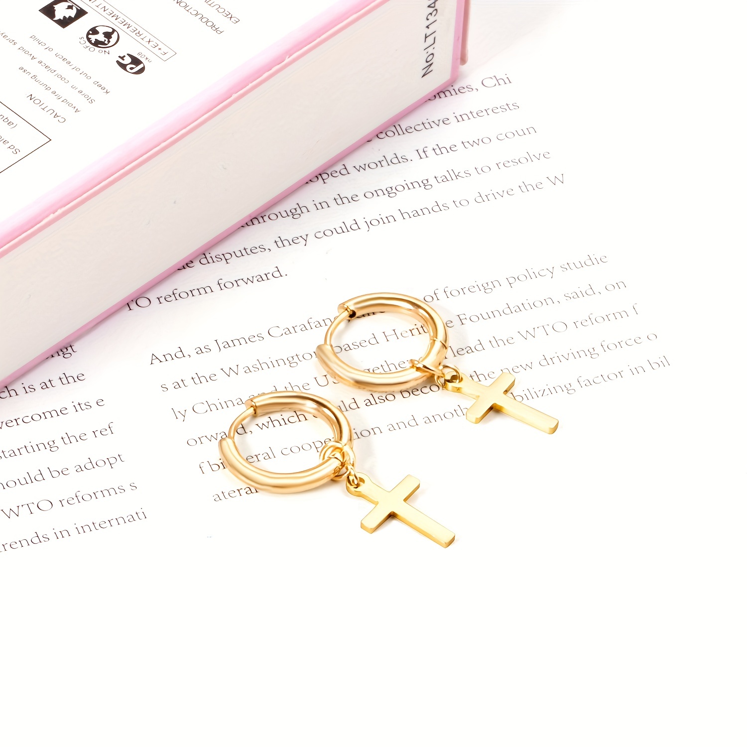 Golden Glossy Cross Decor Hoop Earrings, 18K Plated