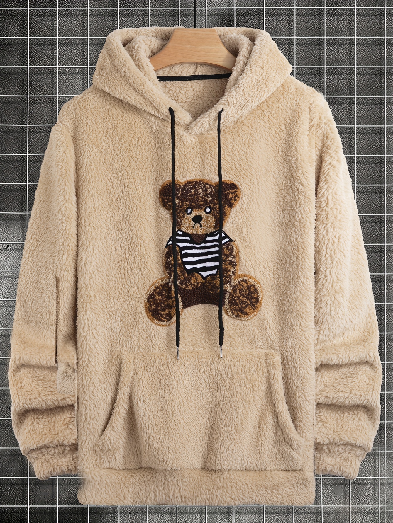 ZAFUL Hooded Hoodies for Men Fluffy Teddy Bear Pattern Sweatshirts