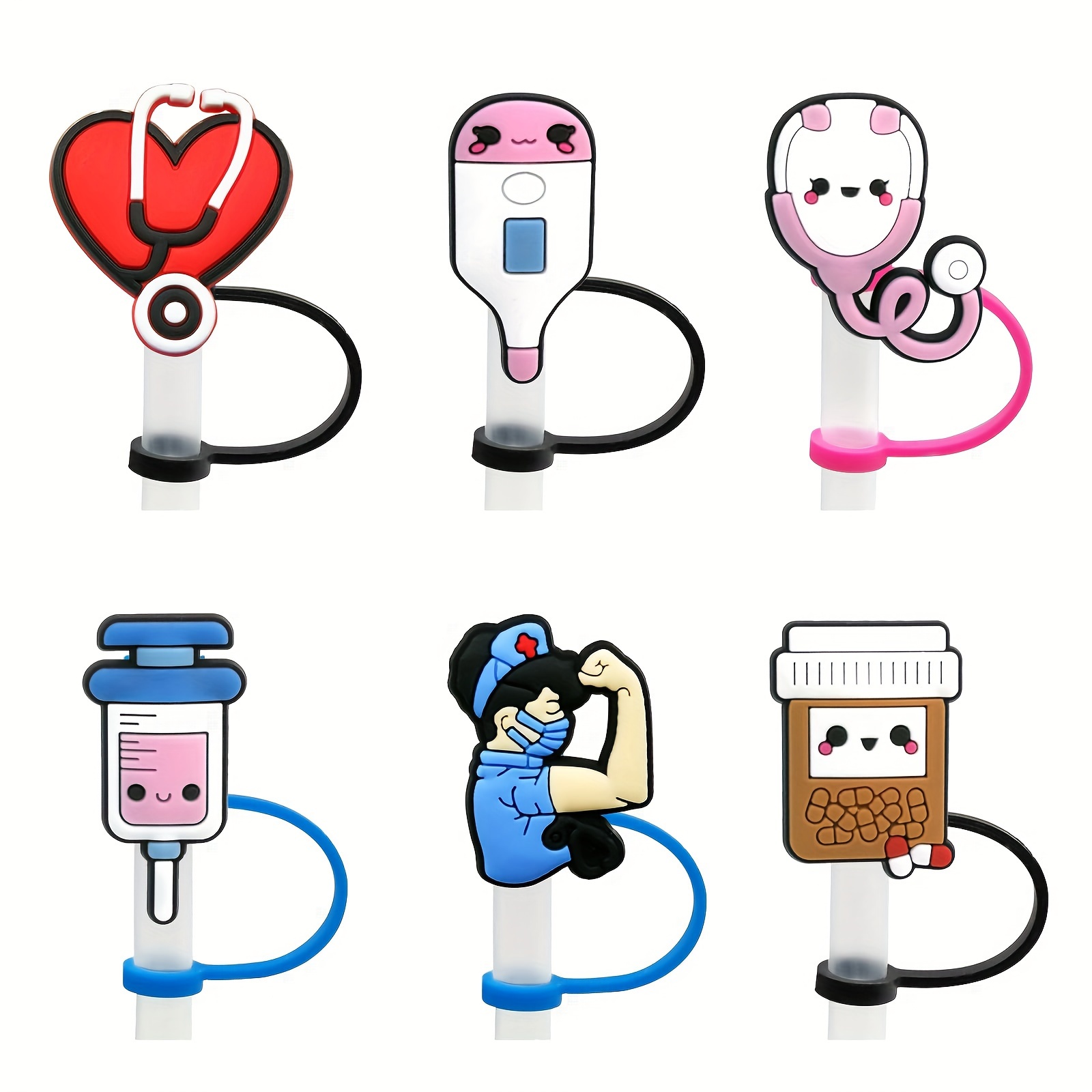  6Pcs Nurse Themed Silicone Straw Covers and Toppers