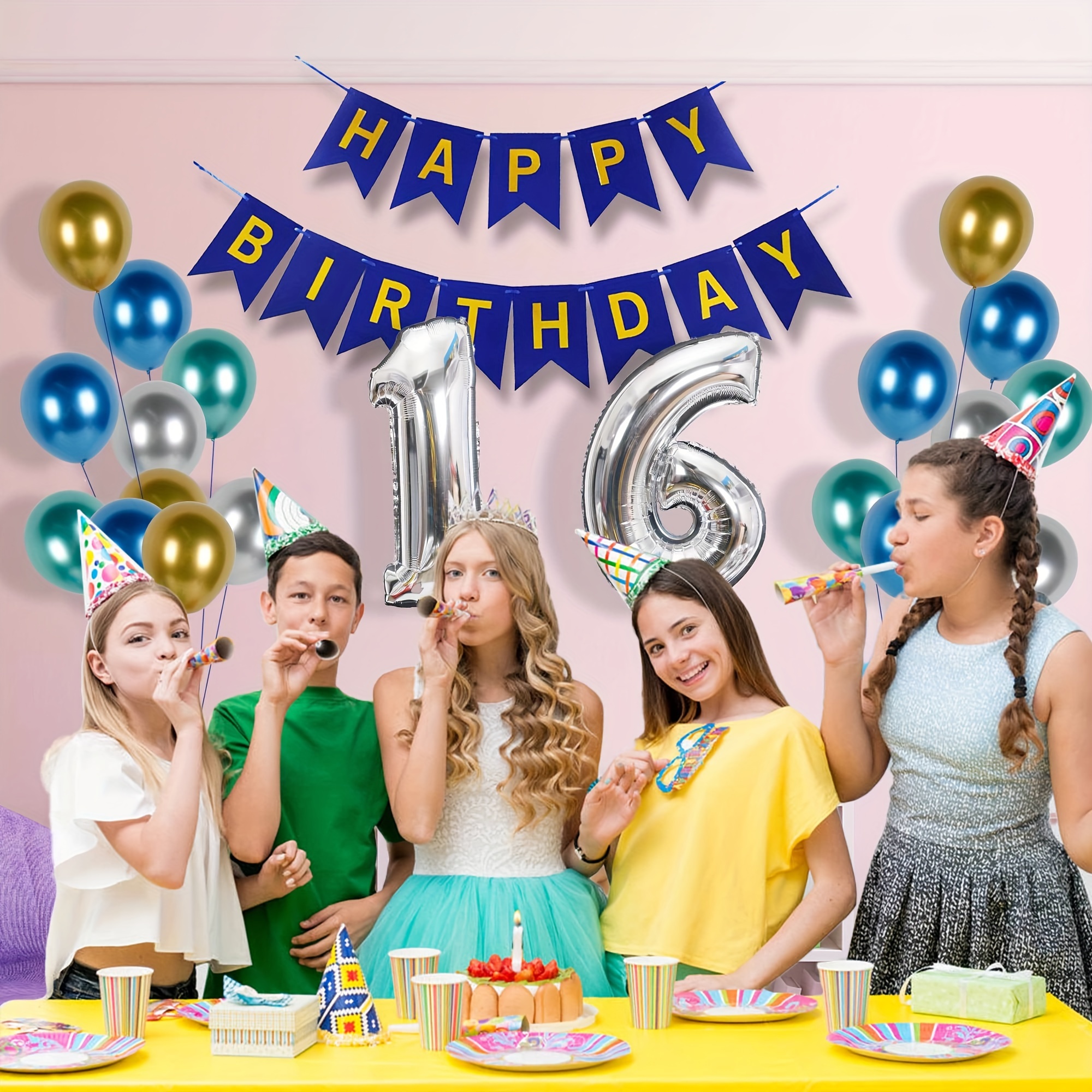 Decoraciones de cumpleaños número 16, decoraciones azules de cumpleaños 16,  suministros de fiesta de niñas y niños, globos de feliz cumpleaños 16 con