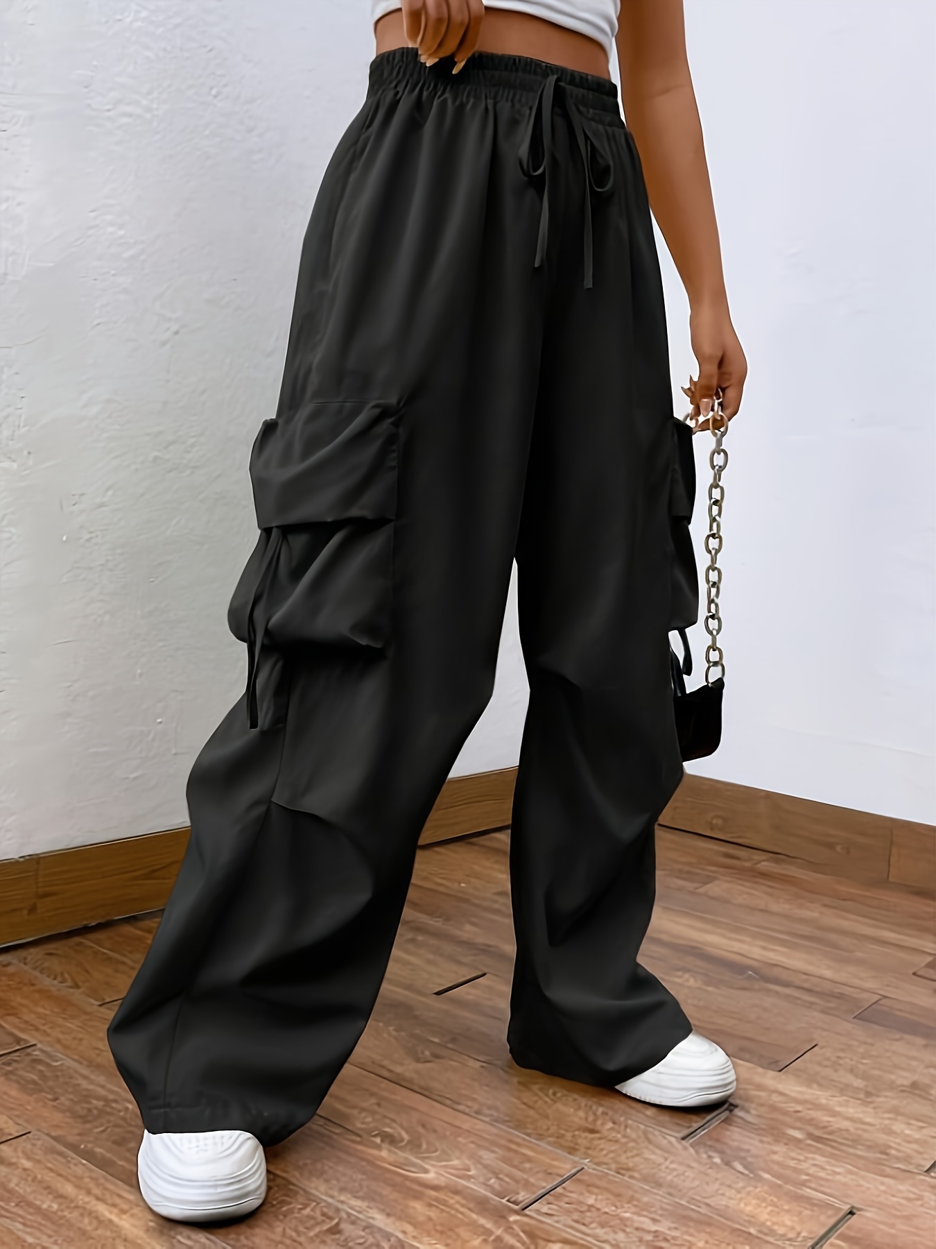  Cargo Pants for Women Baggy,Low Waist Drawstring Wide Leg  Parachute Pants Vintage Hip Hop Baggy Relaxed Joggers Sweatpants Trousers  with Pockets Black XS : Clothing, Shoes & Jewelry