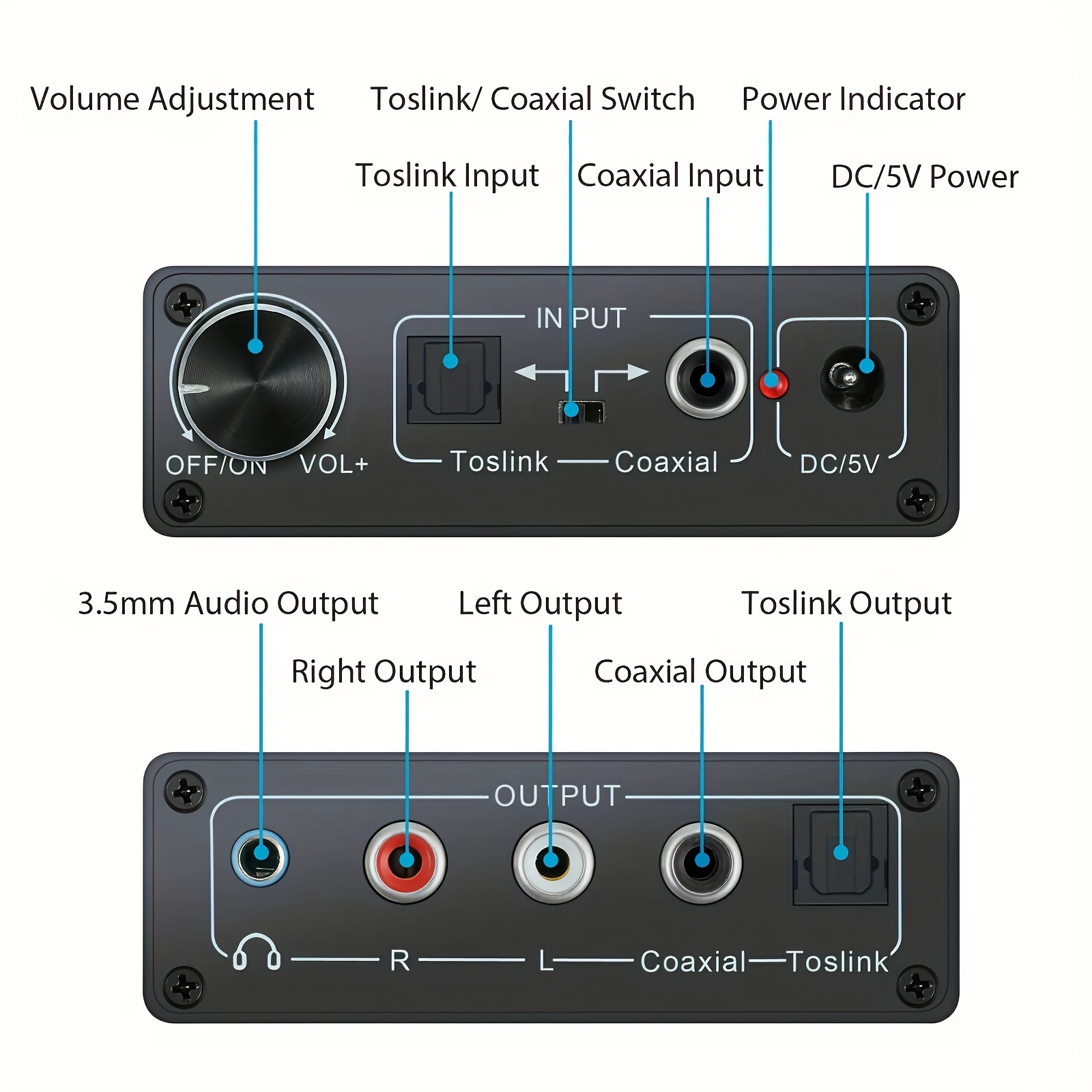 Convertidor de audio digital a analógico de 192 KHz con ajuste de graves y  volumen, SPDIF/óptico/Toslink/coaxial a analógico estéreo L/R RCA y