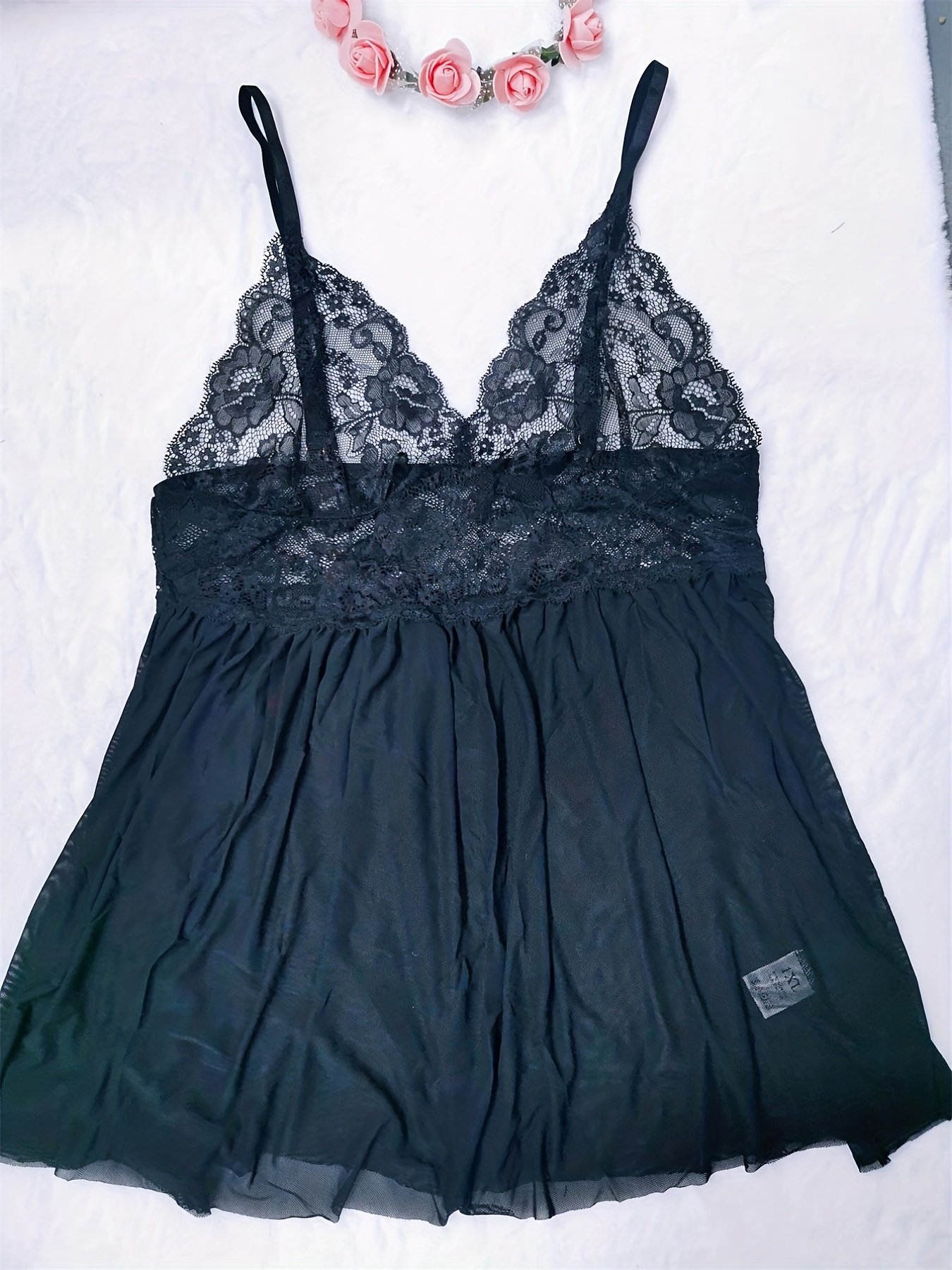 Plus Size Sexy Lingerie Dress, Women's Plus Polka Dot Print Contrast Lace  Scallop Trim Bow Babydoll Dress