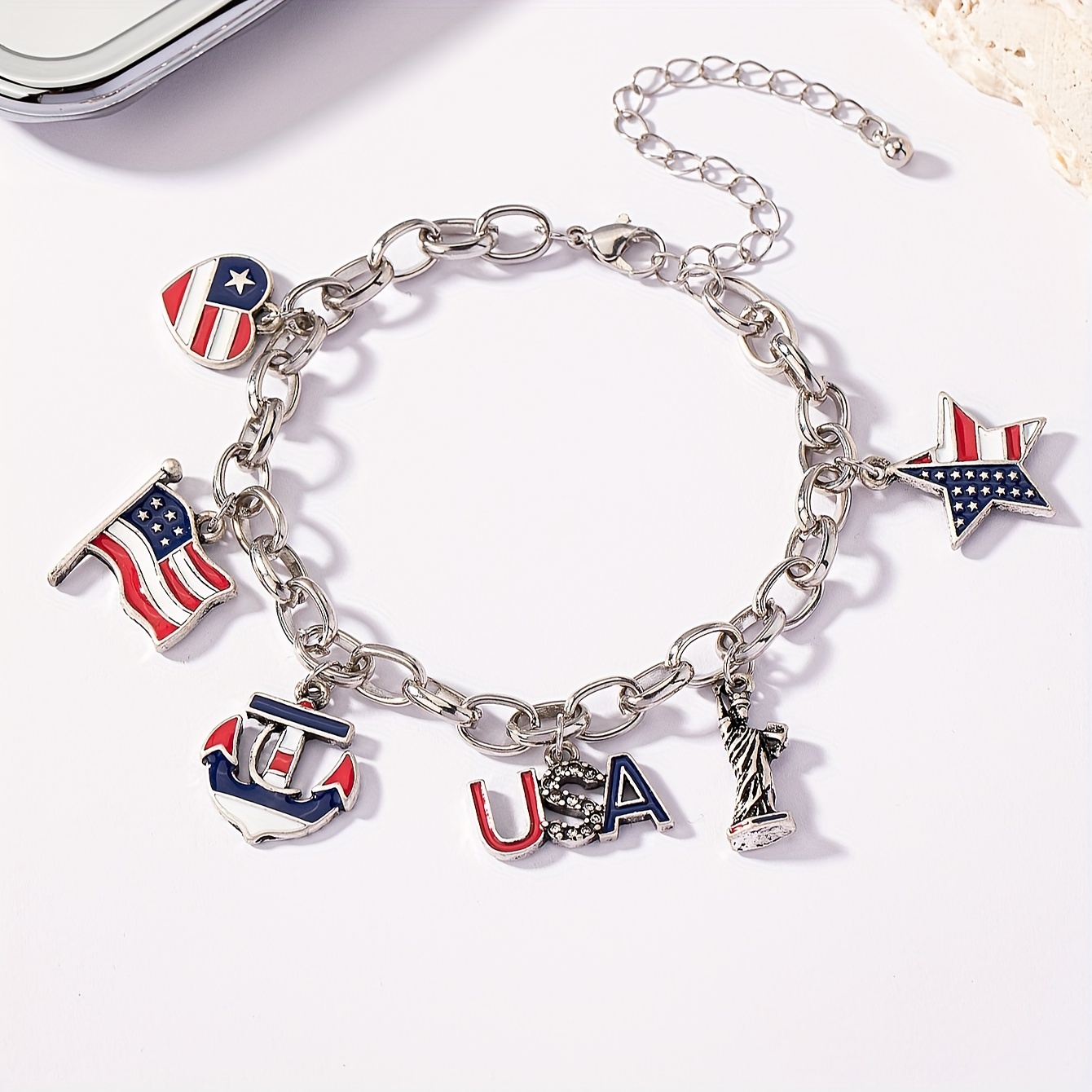 

1pc Vintage Style American Flag Anchor Etc Shape Tassel Pendant Link Chain Bracelet Elegant Hand Chain Jewelry