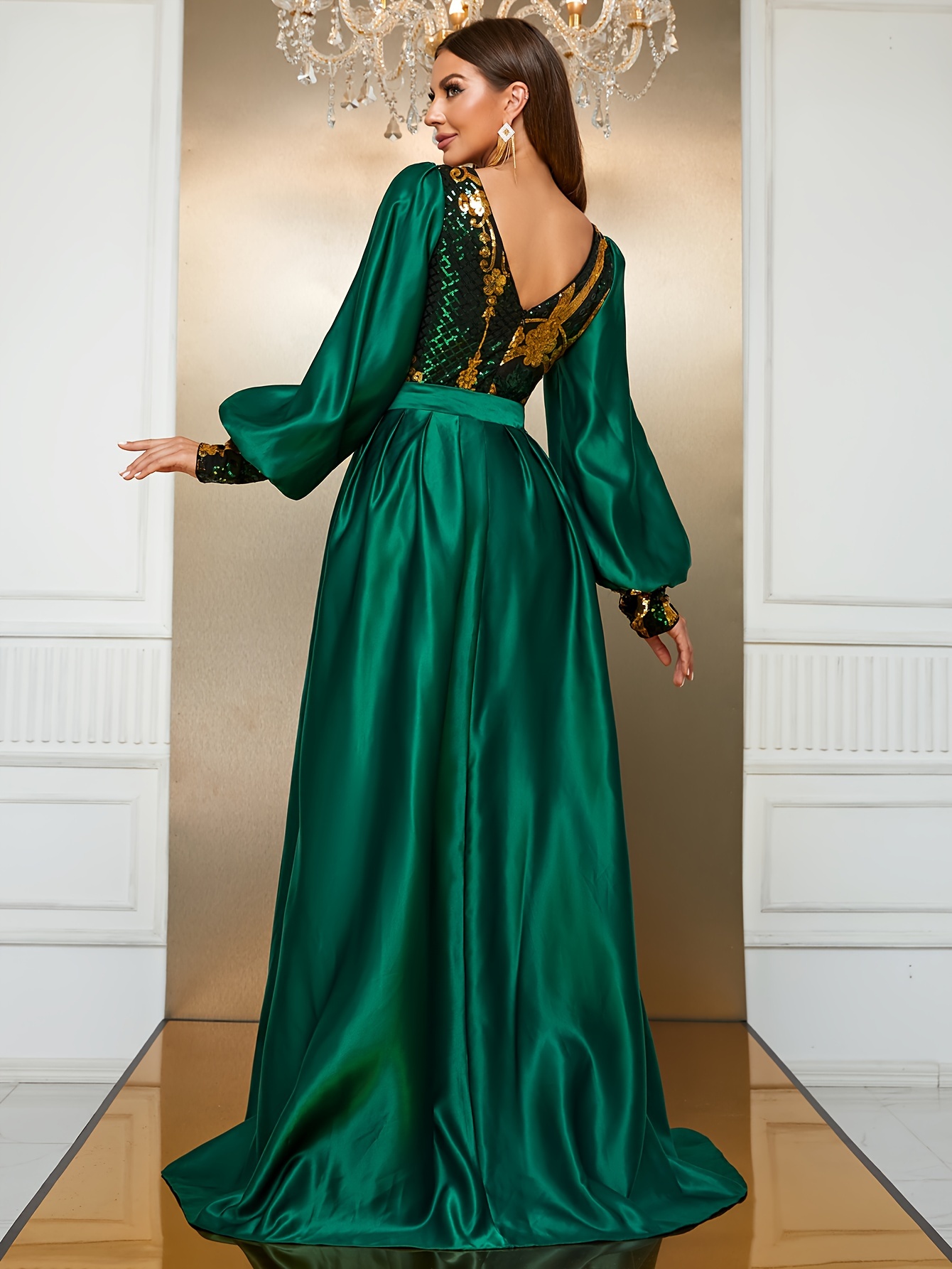 Lantern Sleeves Plunge Neck Dark Green Dress