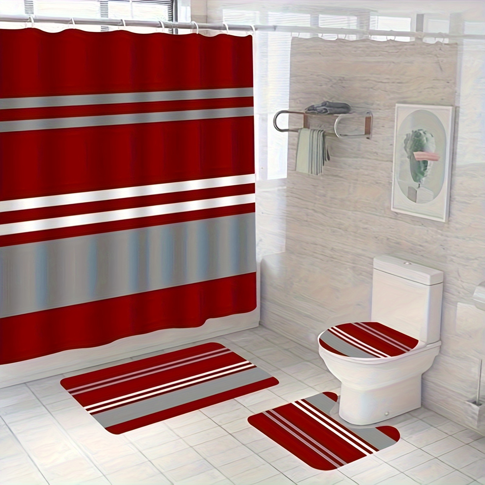 ZHIMI Juego de cortinas de ducha para bañera, tela de poliéster  impermeable, conjunto de cortinas de baño con ganchos de madera troncos  rayas