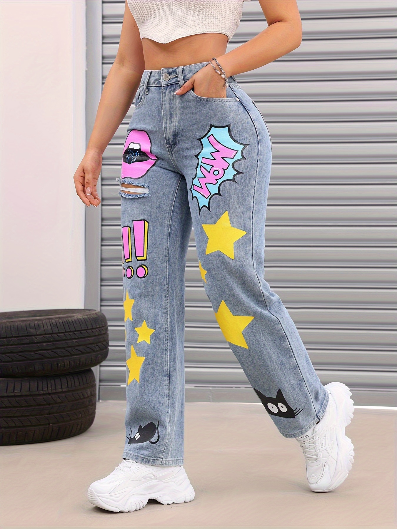 High Waist Letter & Cartoon Graphic Ripped Jeans