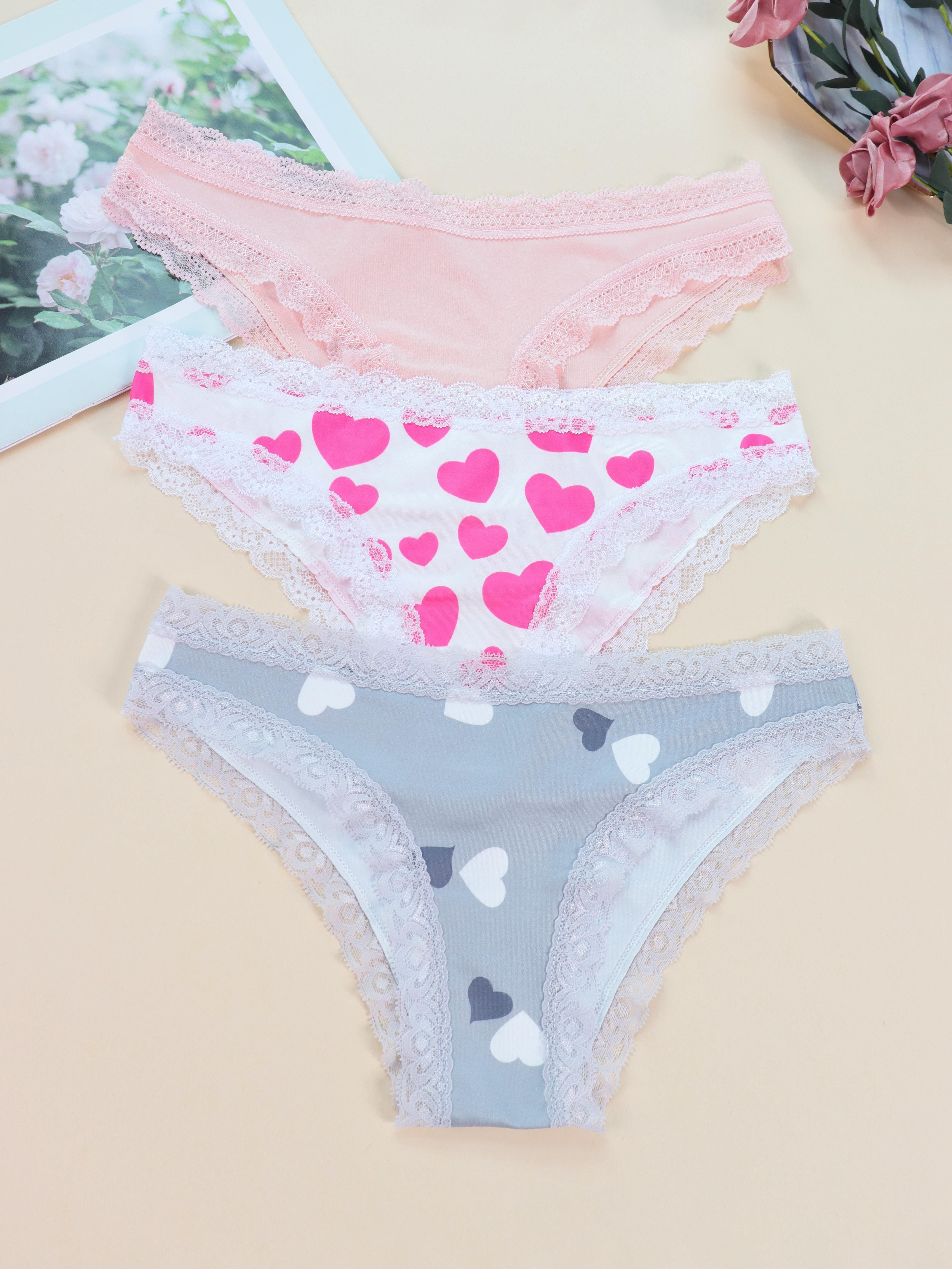3pcs Valentine's Day Heart Print Lace Trim Low Waist Briefs, Soft & Comfy  Stretchy Panties, Women's Lingerie & Underwear