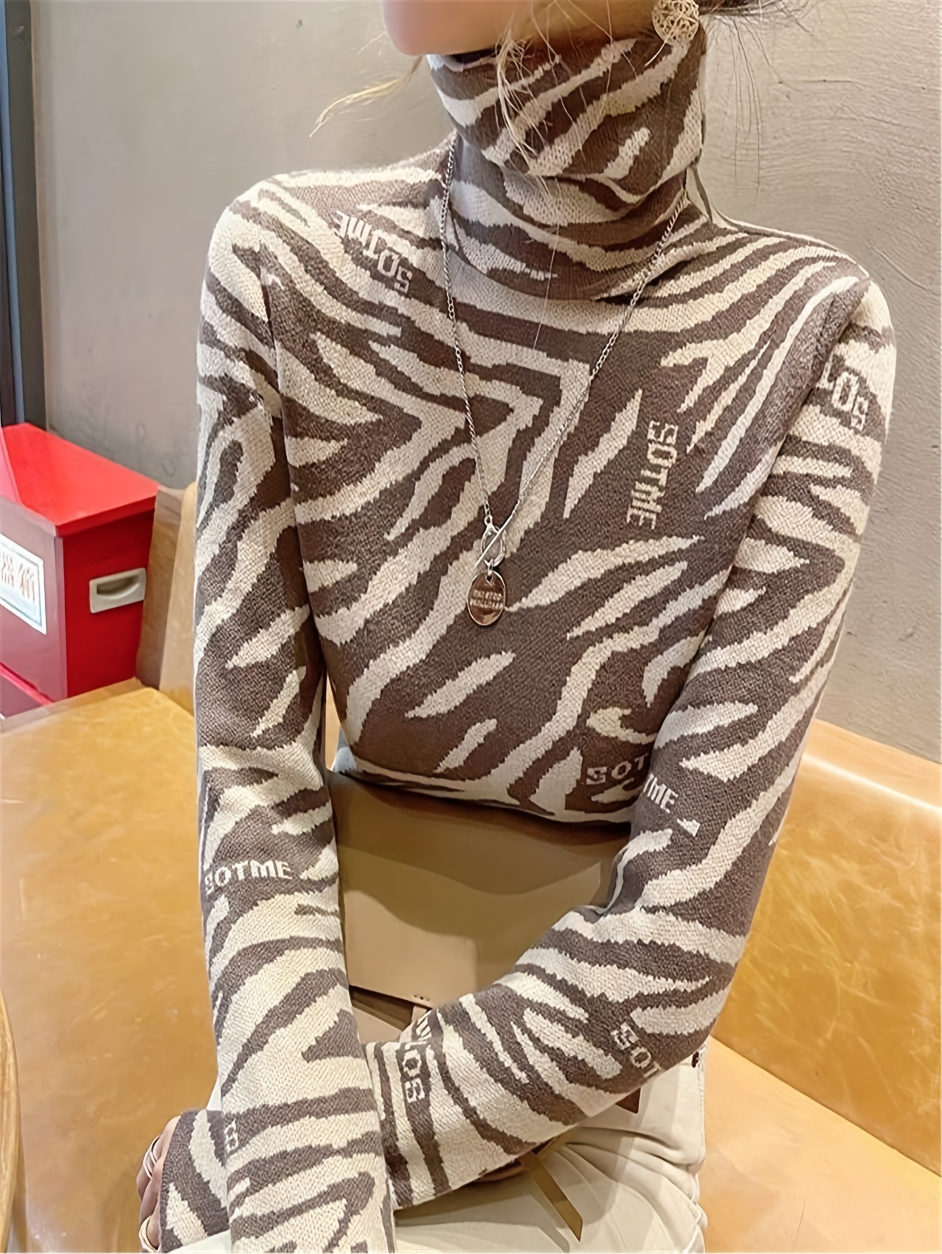 zebra pattern turtle neck pullover sweater elegant long - Temu zebra pattern turtle neck pullover sweater elegant long - Temu