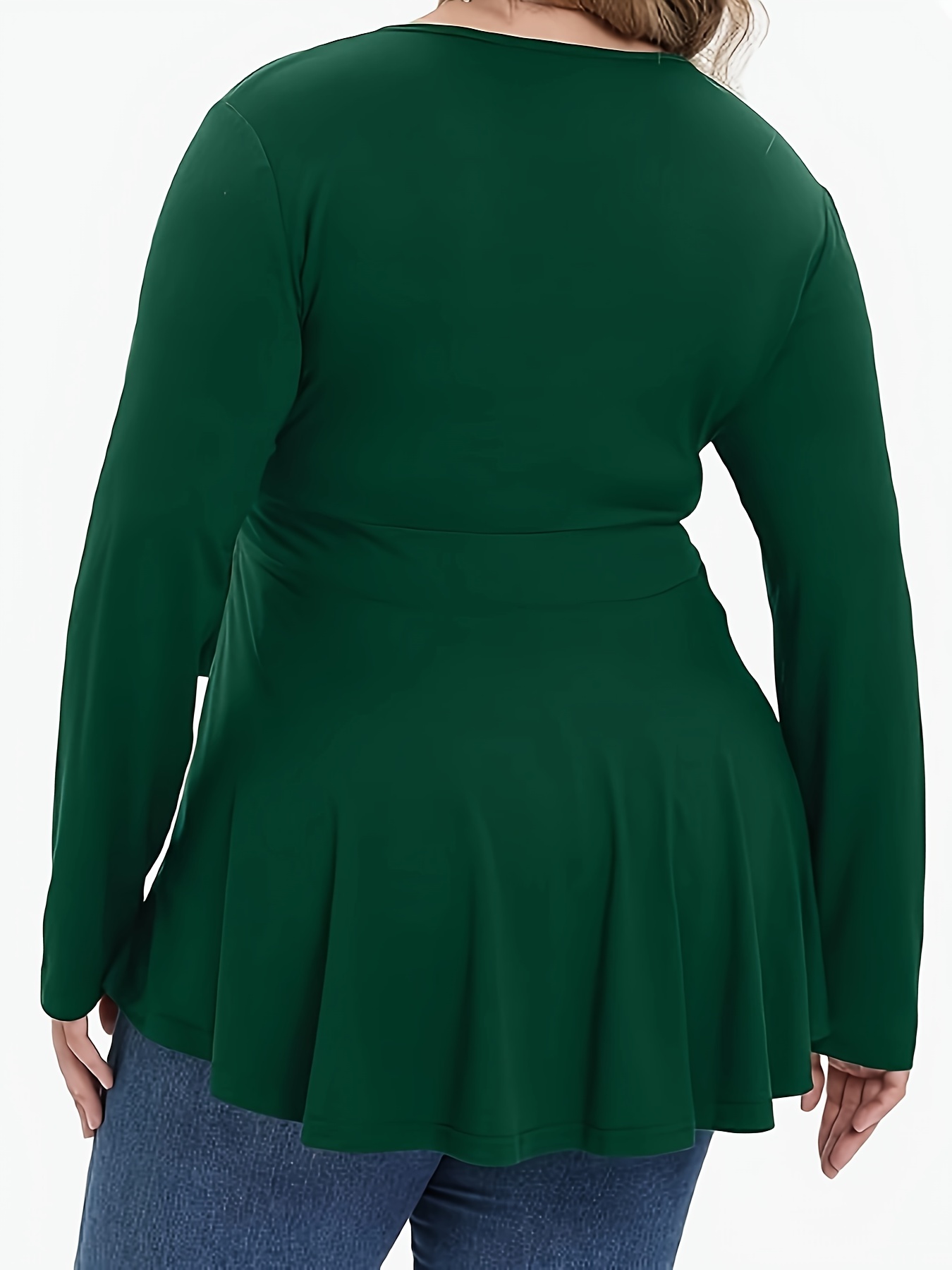 Plus Size Casual Top, Women's Plus Solid * Dot Long Sleeve Surplice Neck  Peplum Top With Belt