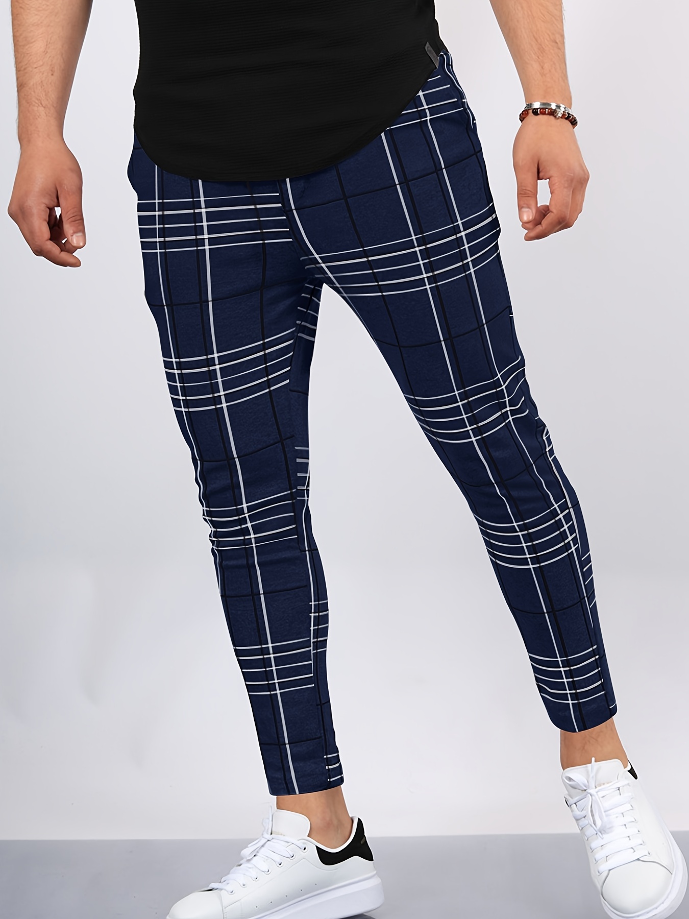 Men's Plaid Print Slim Fit Pants for Autumn/Spring